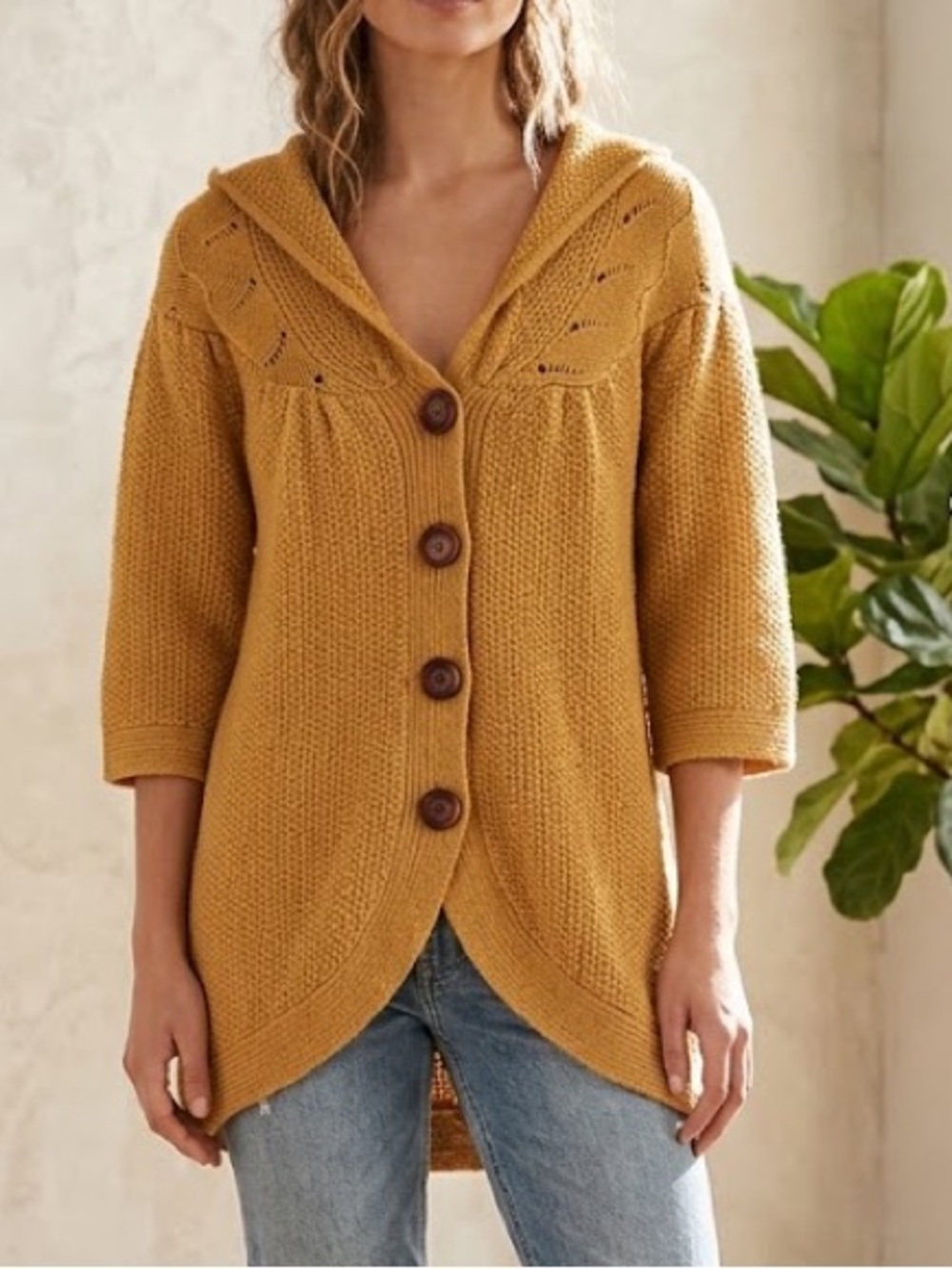 Sleeping on Snow Anthropologie Mustard Gold Hooded Wool Knit Babydoll Cardigan M